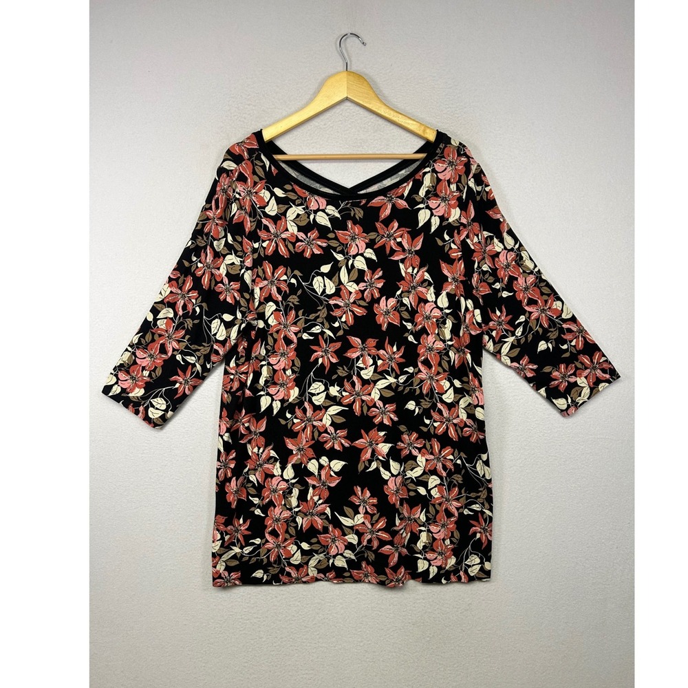 Floral Botanical J. Jill Women XL Black Coral 3/4 Sleeve Crossover‎ V-Neck Tunic